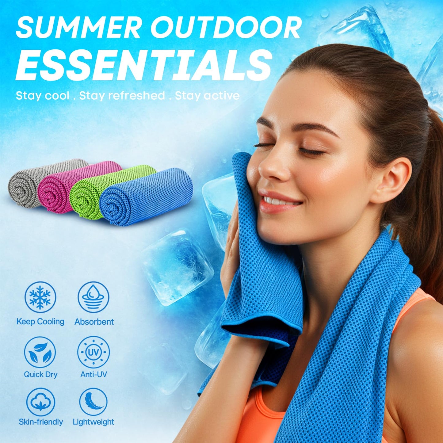 RUENVUE 4 Pack Cooling Towels (40"x 12"), Soft Breathable Gym Towels, Outdoors Ice Towel for Neck and Face, Camp Essentials Microfiber Sweat Towels for Gym, Run, Yoga, Workout, Travel, Climb