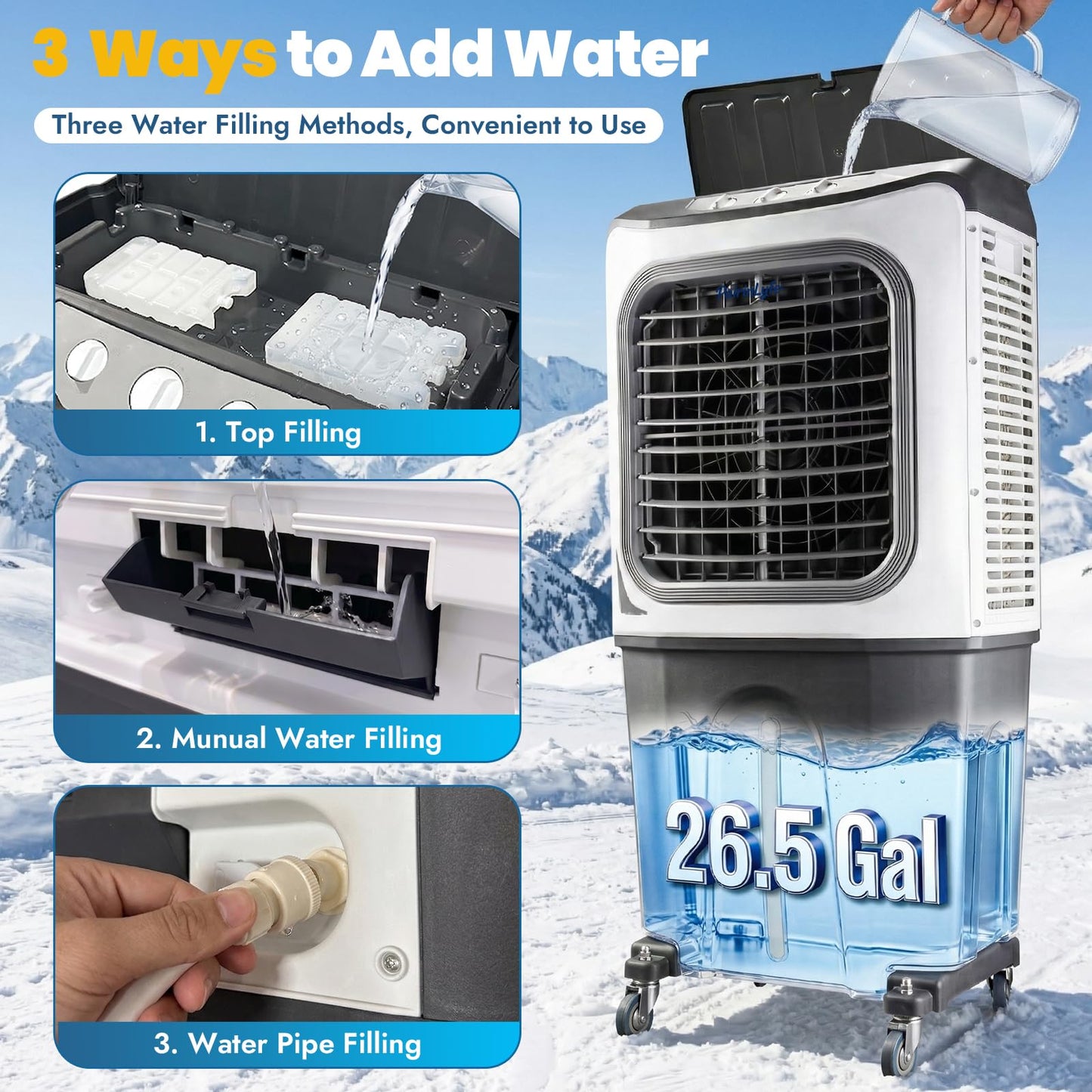 54" Tall 7000CFM Large Swamp Cooler, 3-in-1 Evaporative Air Cooler with 26.5 Gal Water Tank, 3-Speed, 2 Modes, 4 Ice Packs & Storage Bag, Outdoor Cooling Fans for Patio Garage Factory, 2000 sq.ft