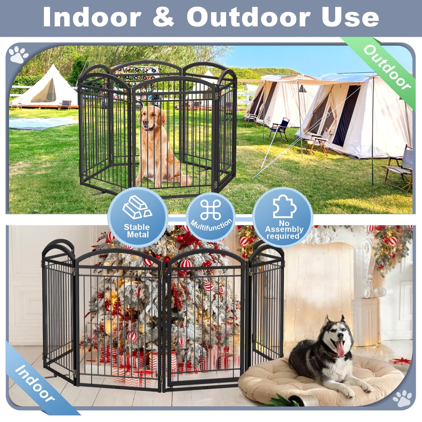Full Metal Free Standing Dog Gate with Door for Indoor Outdoor, 144'' Extra Wide 36'' Tall Dog Gate for Doorways,Large Openings,Decks,Freestanding Portable Pet Fence(6 Panels,Black)