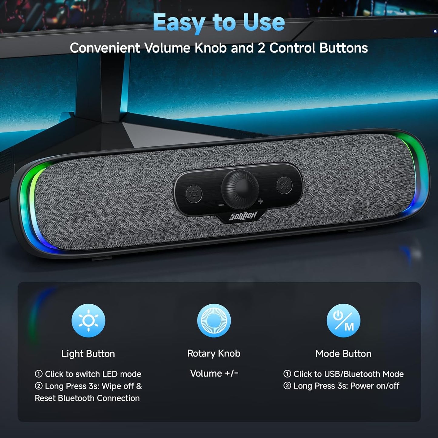 SOULION Computer Speakers, USB C/USB Powered PC Speaker with Colorful LED Lights, Plug-N-Play Wired Bluetooth Sound bar