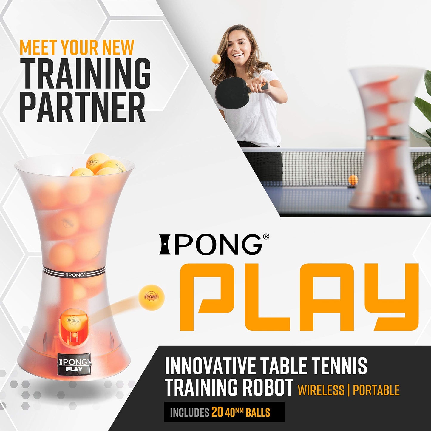 JOOLA iPong Play Table Tennis Trainer Robot with 20 ABS Training Balls, Orange
