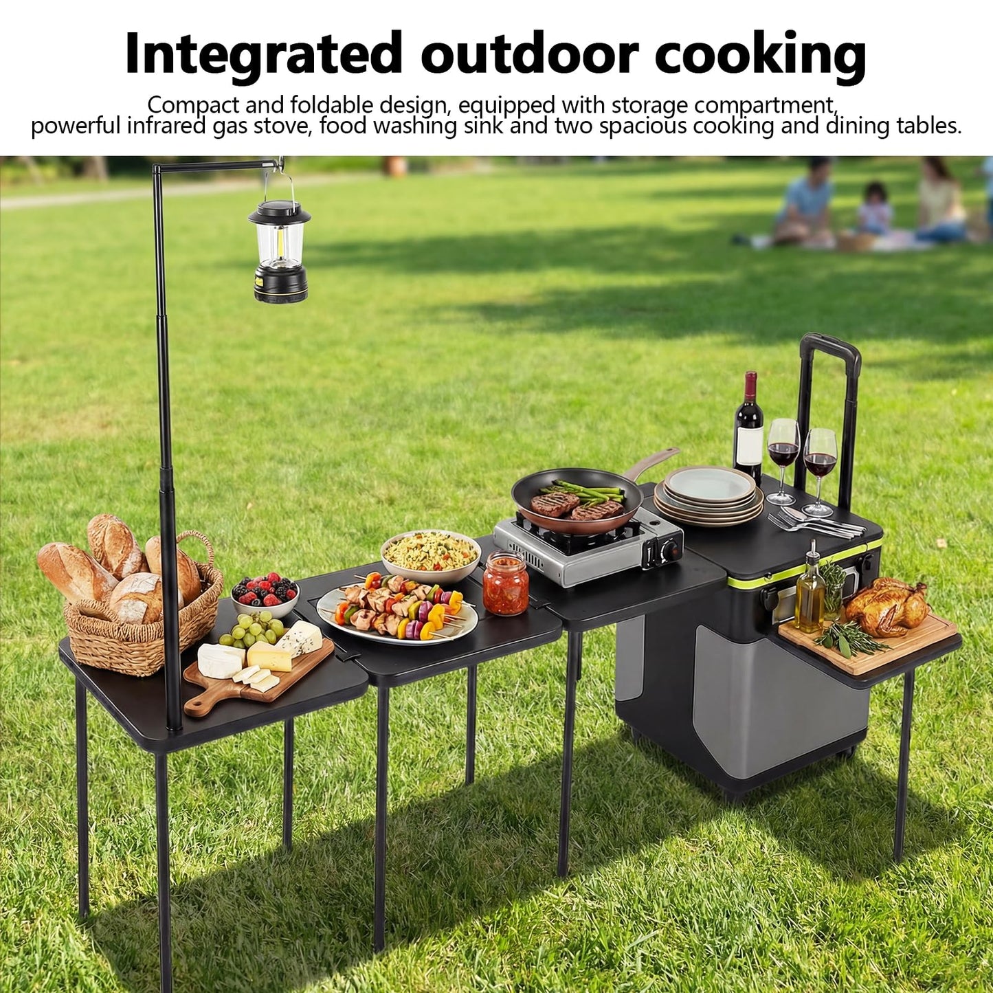 Outdoor Grill Cart Table with Wheels Portable Folding Camp Cook Station with Light Poles for Picnic Party Beach BBQ Cooking Indoor