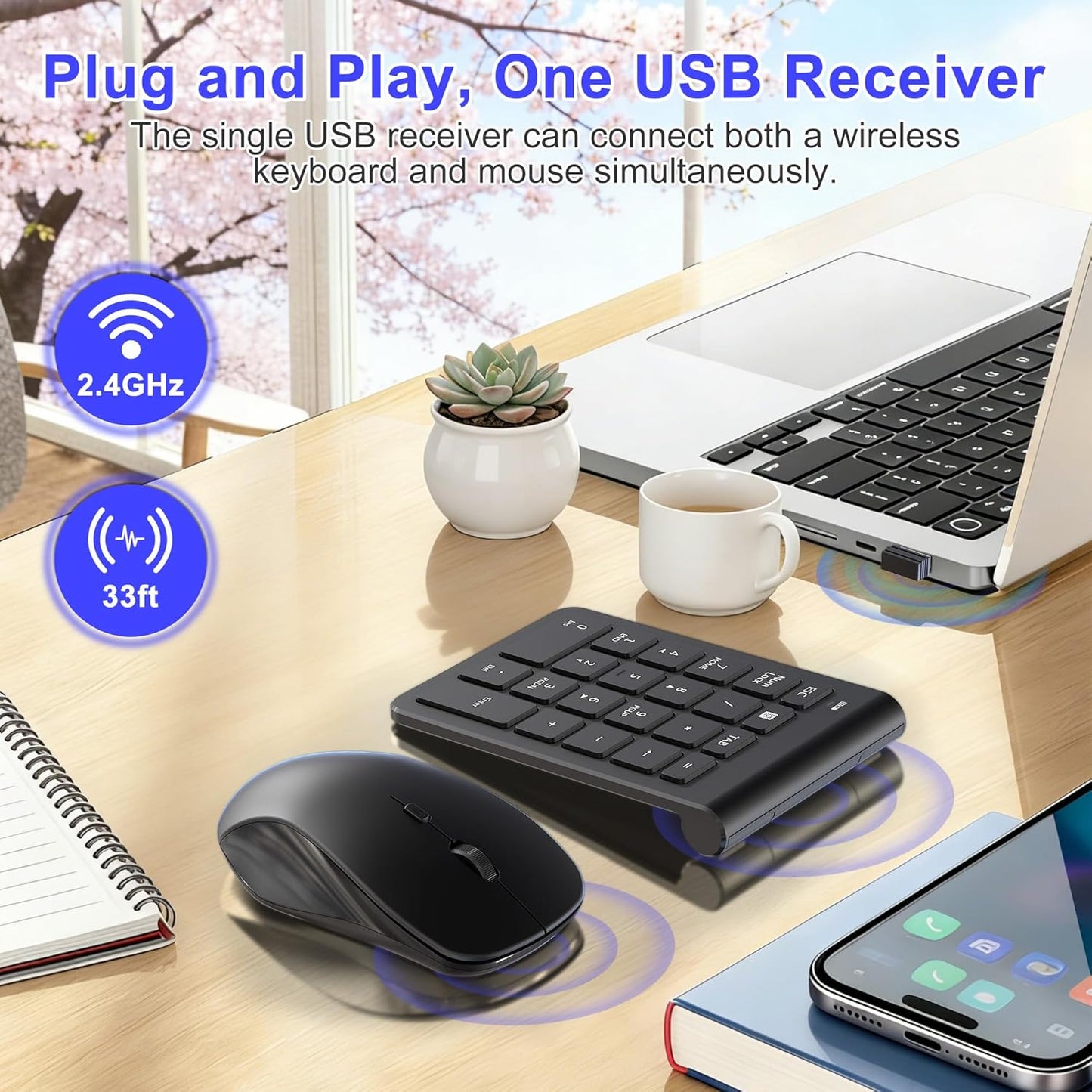 Tioleje 22 3 2.4GHz Set Wireless Mouse and Number Pad Combo - Key USB Keypad and Adjustable DPI Silent Mouse, Ultra
