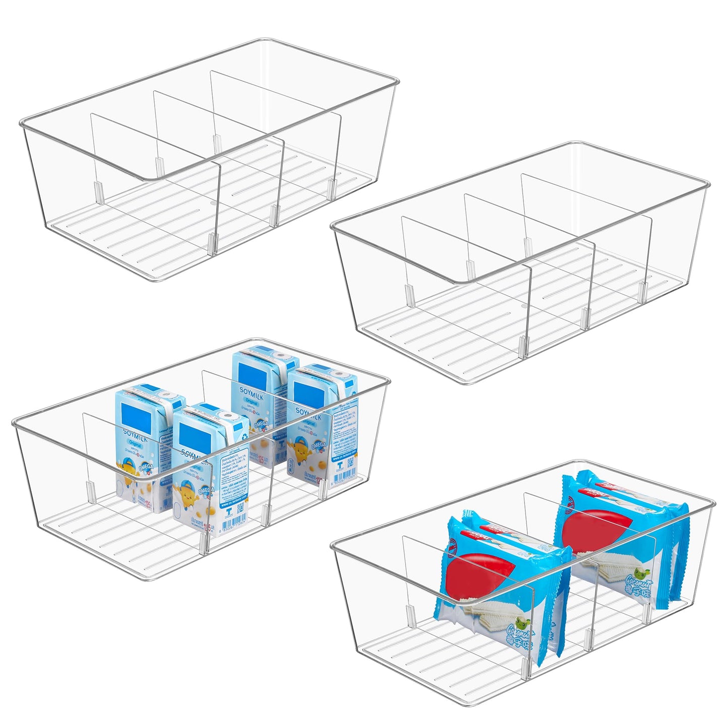 Vtopmart 4 Pack Food Storage Organizer Bins, Clear Plastic Bins for Pantry, Kitchen, Fridge, Cabinet Organization and Storage, 4 Compartment Holder Packets, Snacks, Pouches, Spice Packets