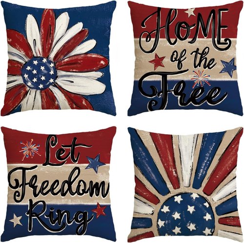 AVOIN Colorlife Throw Pillow Covers - Patriotic Red, White & Blue Fireworks Design | 18 x 18 Inch Set of 4 for 4th of July