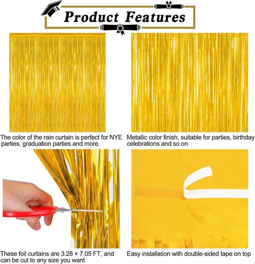 Gold Grad Curtains by [Brand Name] - 4 Pack Metallic Backdrop for 2026 Graduation Party | 3.28 x 7.05 Feet