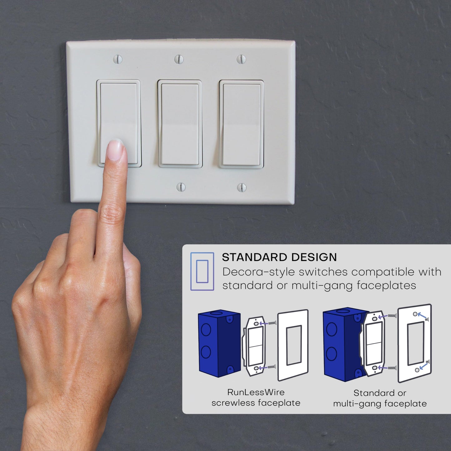 RunLessWire 3-Way Self-Powered Wireless Light Switch & Receiver Kit, No Wires, Batteries or WiFi Needed for DIY Home Electrical, 2 Remote Switches & 1 5amp Relay - White