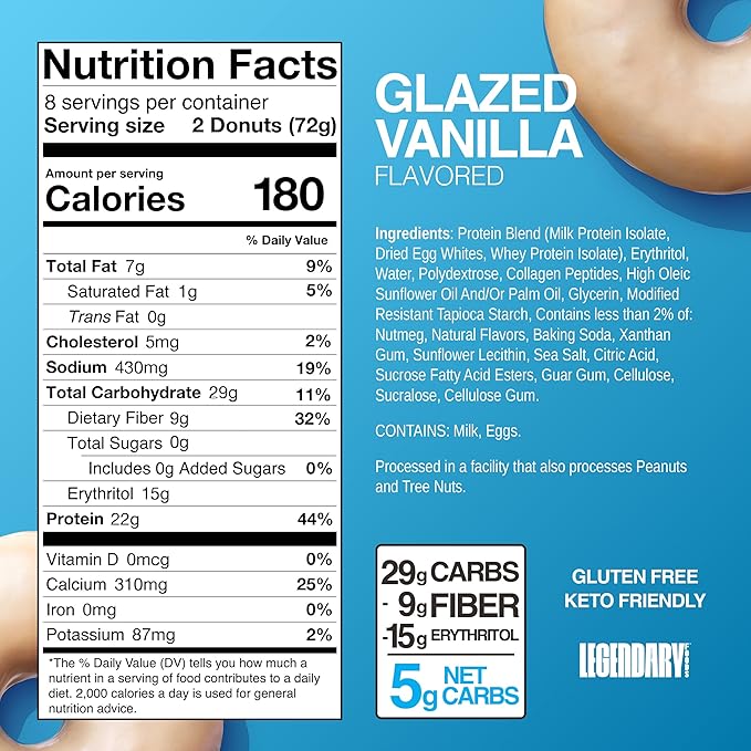 Legendary Foods 22gr Protein Donuts - Glazed Vanilla 8x (2 Donuts per Pack), High Protein, Zero Sugar, Gluten Free and Low Carb, Keto Friendly Snack, Healthy Donut for GLP-1, Diabetic, Bariatric Diets