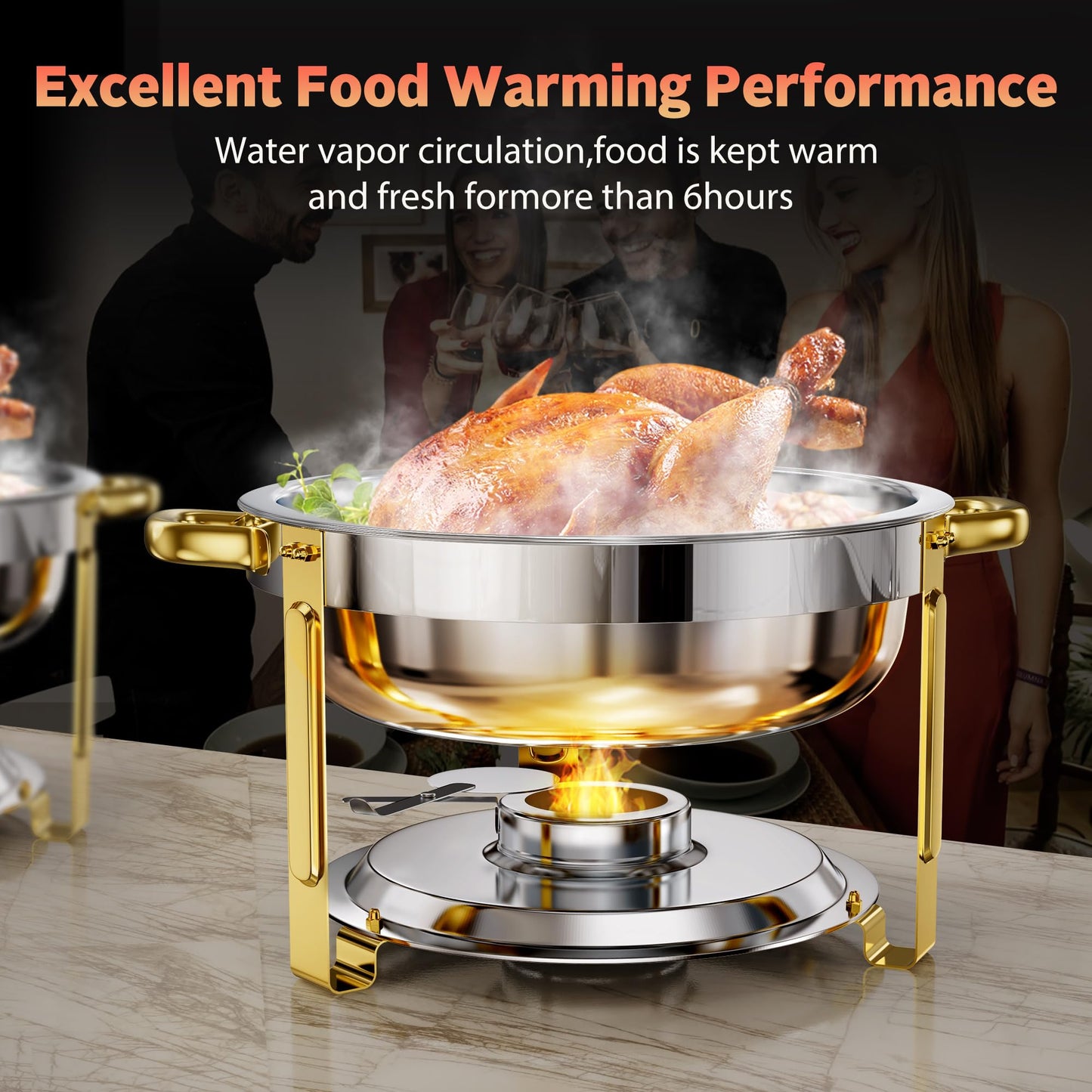 6QT Chafing Dishes for Buffet, 4 Pack Round Stainless Steel Chafing Dish Set, Chafers and Buffet Warmers Sets with Glass Lid, Food Warmers for Parties, Catering, Wedding (Sliver & Gold)