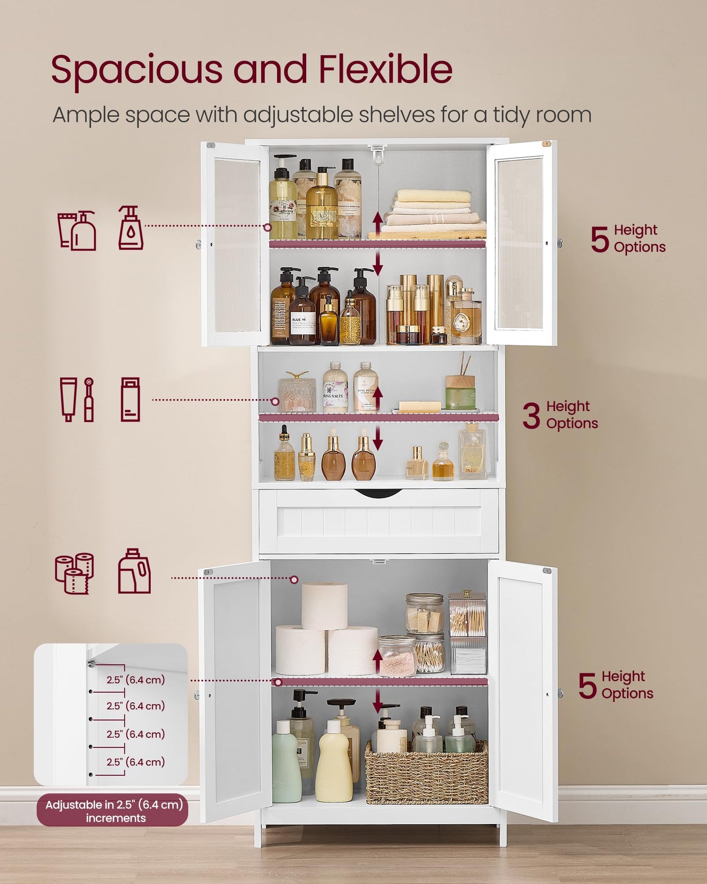 VASAGLE Storage Cabinet, Freestanding Storage Unit with Adjustable Shelves, Drawer, Open Compartments, for Bathroom, Living Room, Kitchen, Cloud White UBBC768WH01S