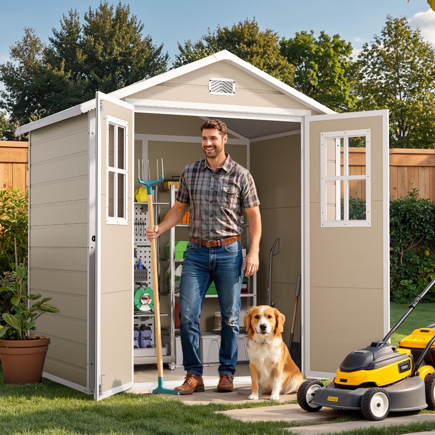 DWVO Outdoor Storage Shed 6x4.4ft Plastic Garden Tool Shed with 2 Vision Windows, Double-Wall Outside Shed for Mower Lawn, Garden Tool for Backyard Lawn Patio, Lockable