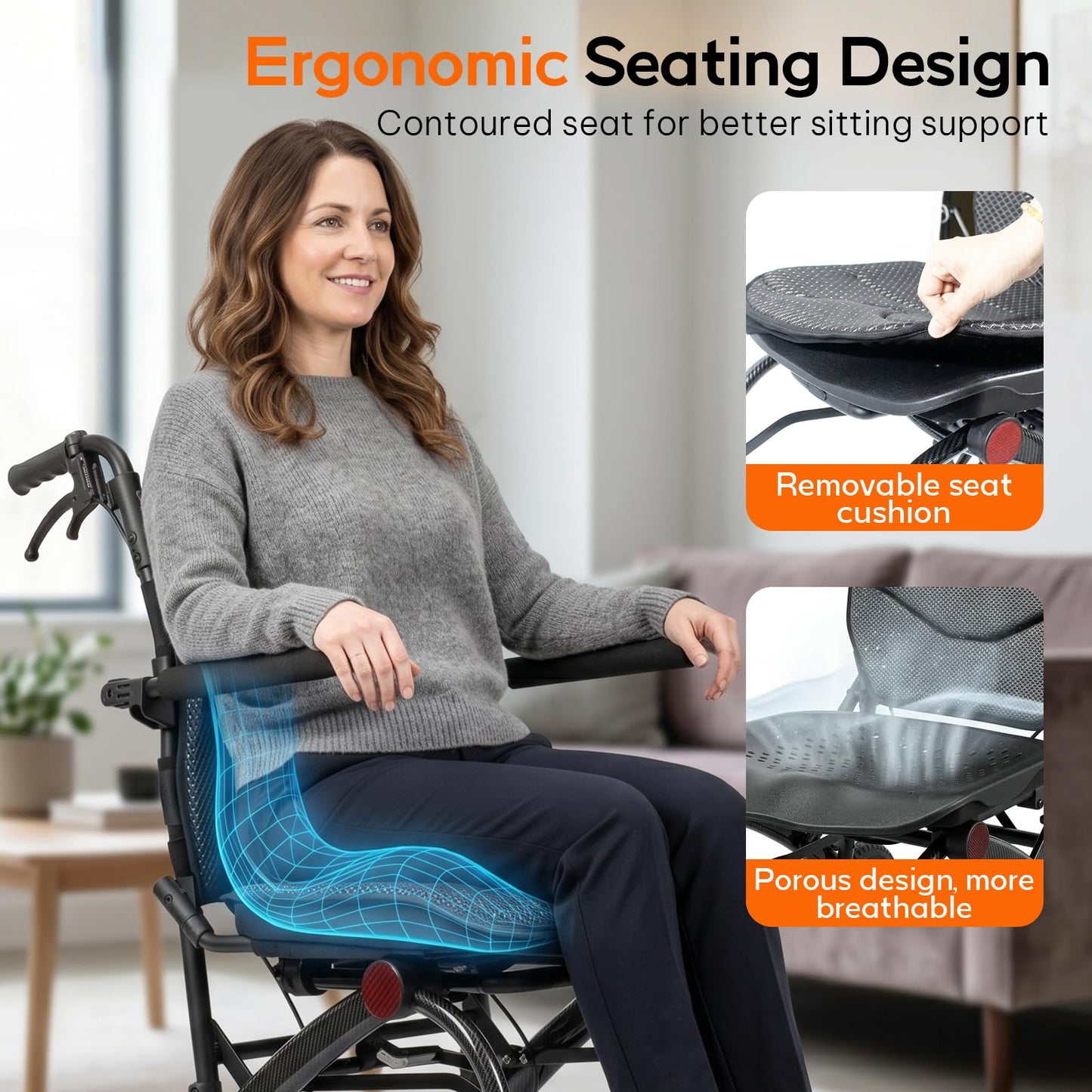 SOFTFISH Wheelchair for Adults with Pull Rod, 1s Foot-fold Transport Wheelchair Lightweight Foldable, Wheelchairs with Flip-Back Armrest & Footrest, Handbrakes, Travel Transport Chair for Seniors