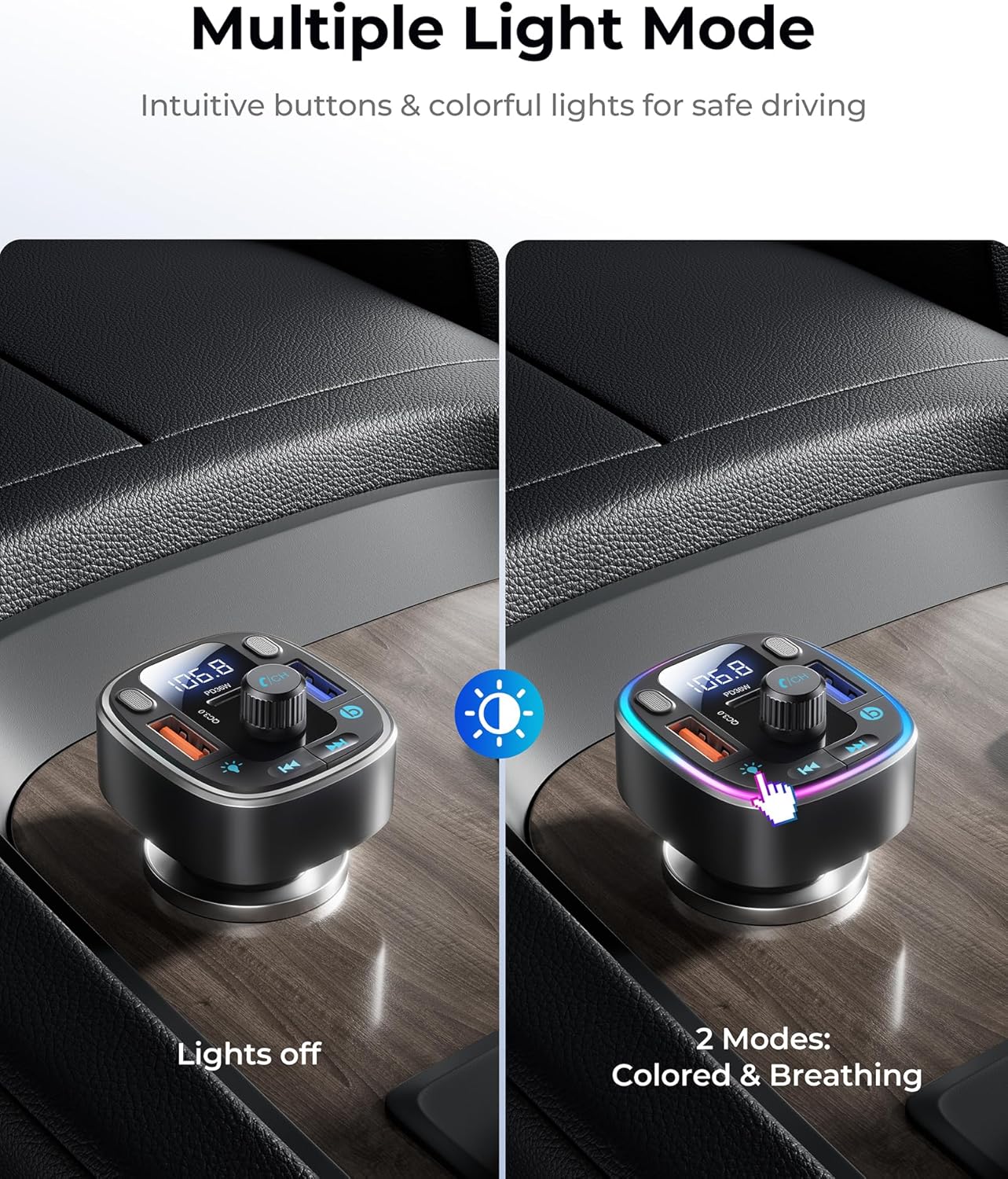 LENCENT 5.4 54W 2 Bluetooth Car Adapter FM Transmitter Fast Charging, Dual Mics, HiFi Bass Sound, Modes LED Backlit