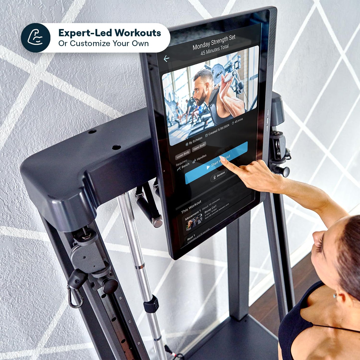 Echelon Strength Home Smart Gym – WiFi-Enabled 24-Inch HD Touchscreen, 5–110 LB Digital Resistance Per Arm, Foldable Mirror Design, Smart Bar & Accessories, Full-Body Home Workout Machine