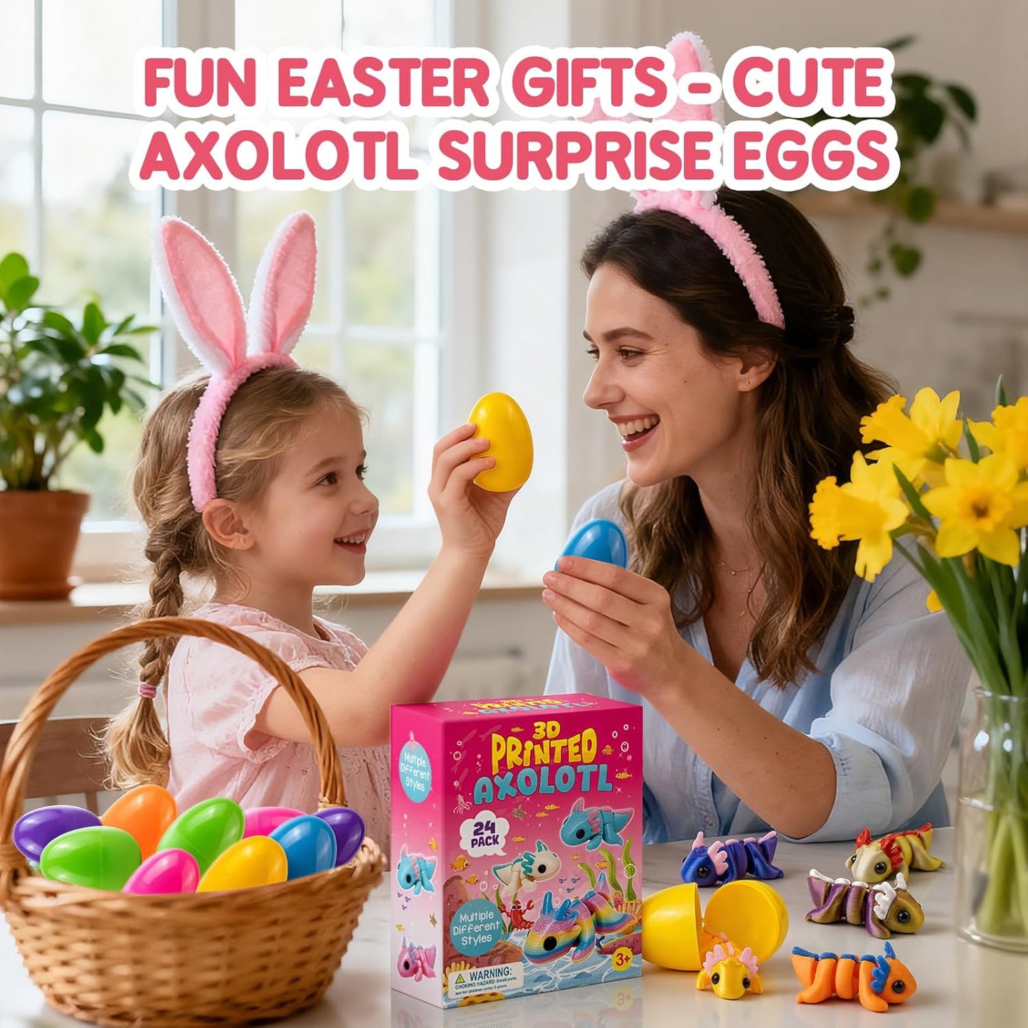 Skiennix Easter Basket Stuffers - 24 Pack Prefilled Easter Eggs with 3D Printed Axolotl Toys - Fun Mini Fidget Figures for Kids