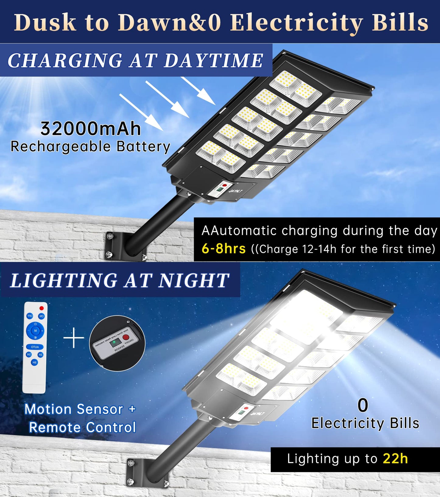 JAYNLT Y-5200W Solar Street Lights Outdoor,Commercial Parking Lot Lights Dusk to Dawn, Waterproof Solar Security Flood Lights with Motion Sensor and Remote for Yard, Garage, Driveway