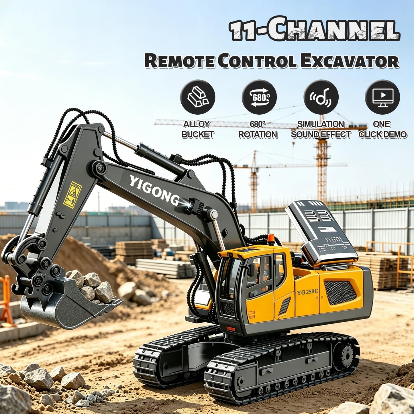 ADTHLIER Remote Control Excavator (11-Channel), Dump Truck, Bulldozer, Loader (9-Channel), 2.4GHz Remote Control Construction Vehicles, Metal Construction, with Cool Lights and Sound Effects, 4-Pcs