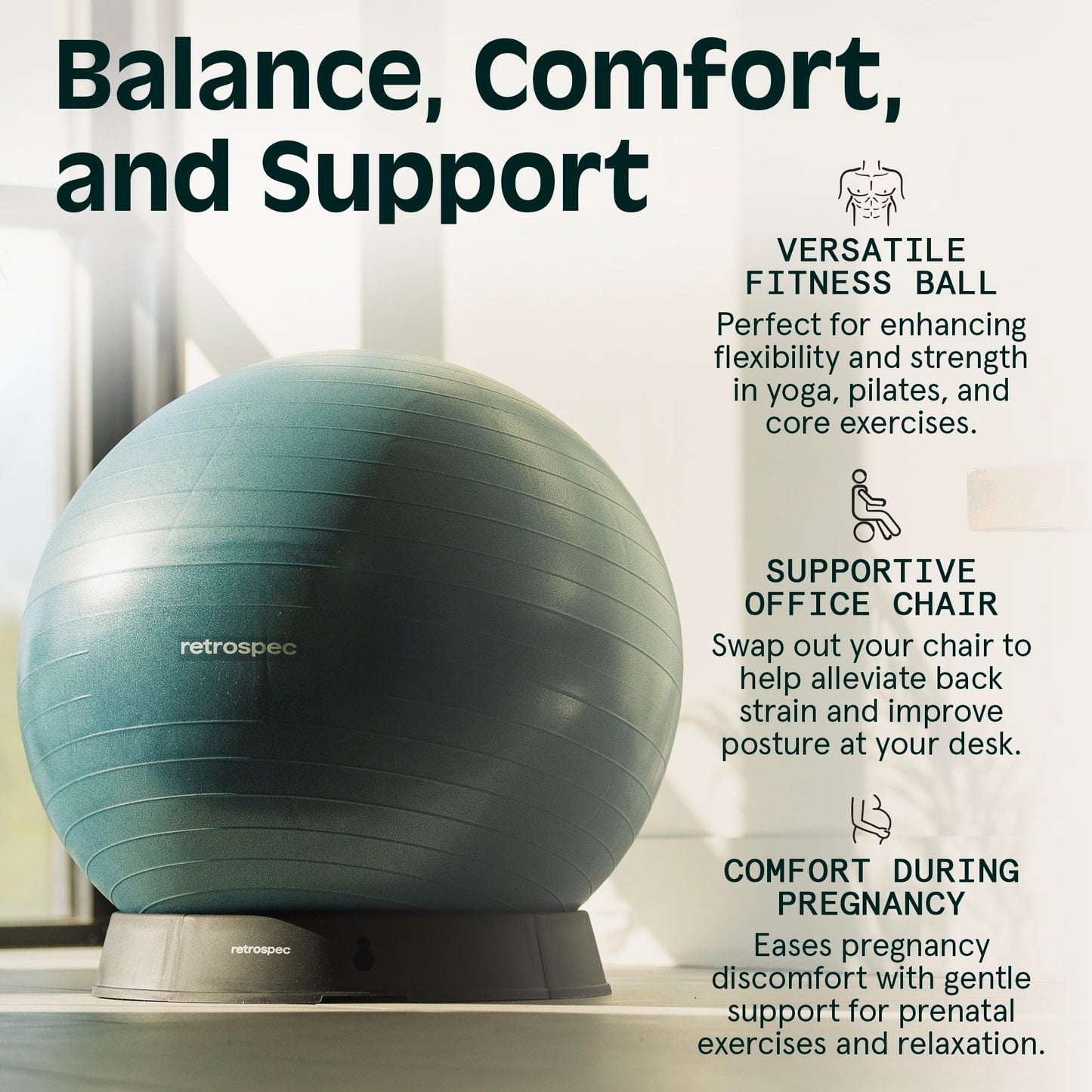 Retrospec Luna Exercise Ball, Base & Pump / Ball & Pump with Anti-Burst Material - Fitness Gym Swiss Ball - Perfect for Balance, Stability, Yoga, Pilates, Pregnancy & Birthing