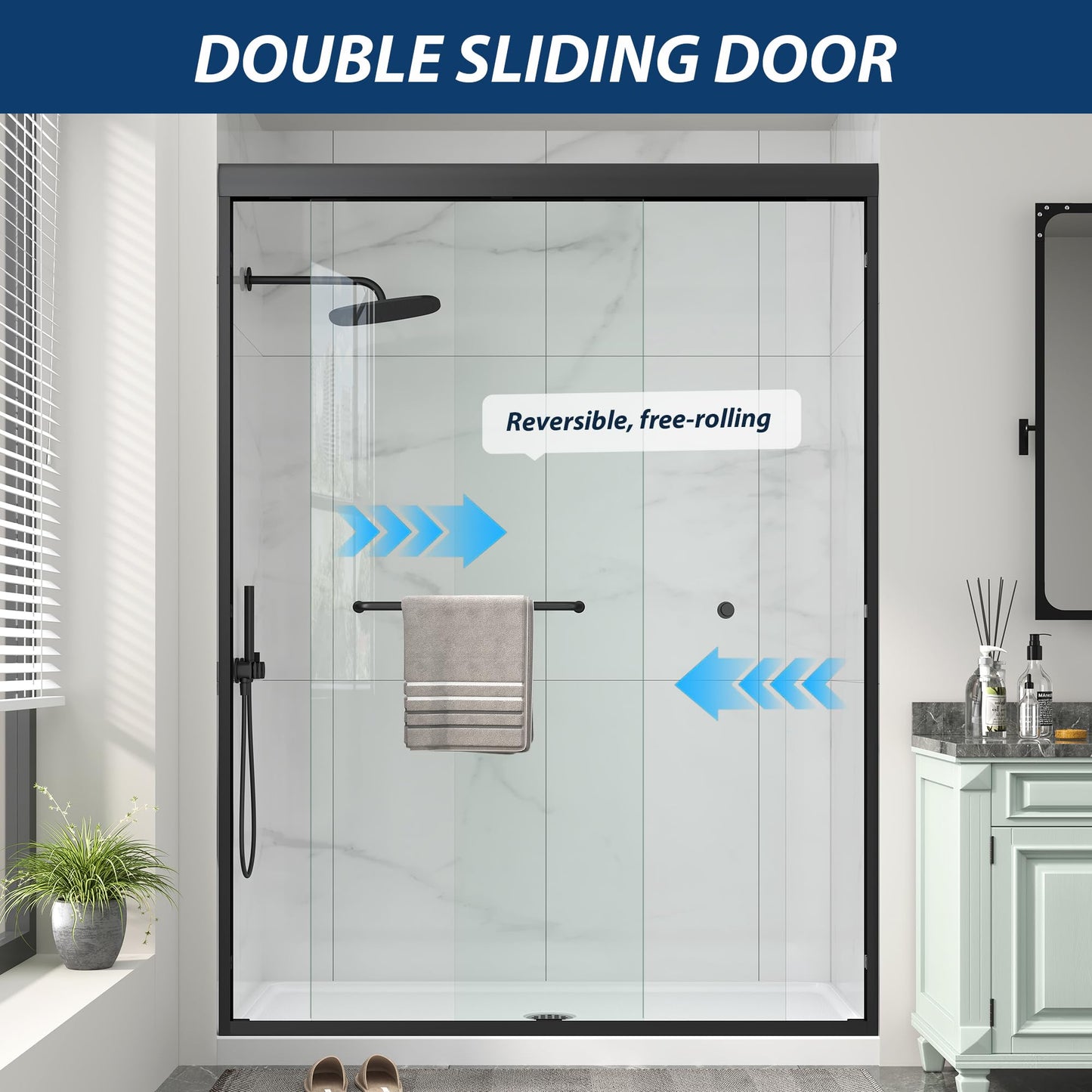 Double Sliding Shower Door 49-54" W x 72" H with Nano Anti-Explosion Safety Film, 1/4" (6mm) Tempered Glass Semi-Frameless Bypass Bathroom Shower Glass Doors,Matte Black