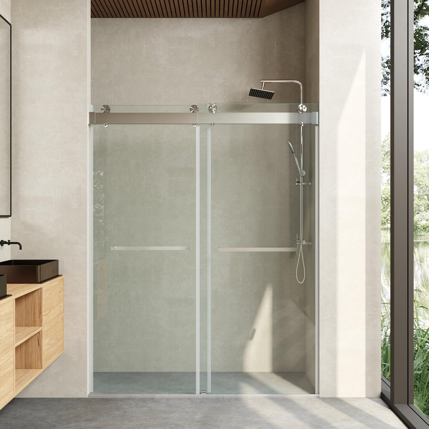 CRISSENSSI Frameless Soft Close Shower Door, 56"-60 "W, 76 "H, 3/8" (10mm) Clear Tempered Glass, Double Sliding Doors, Brushed Nickel Finish.