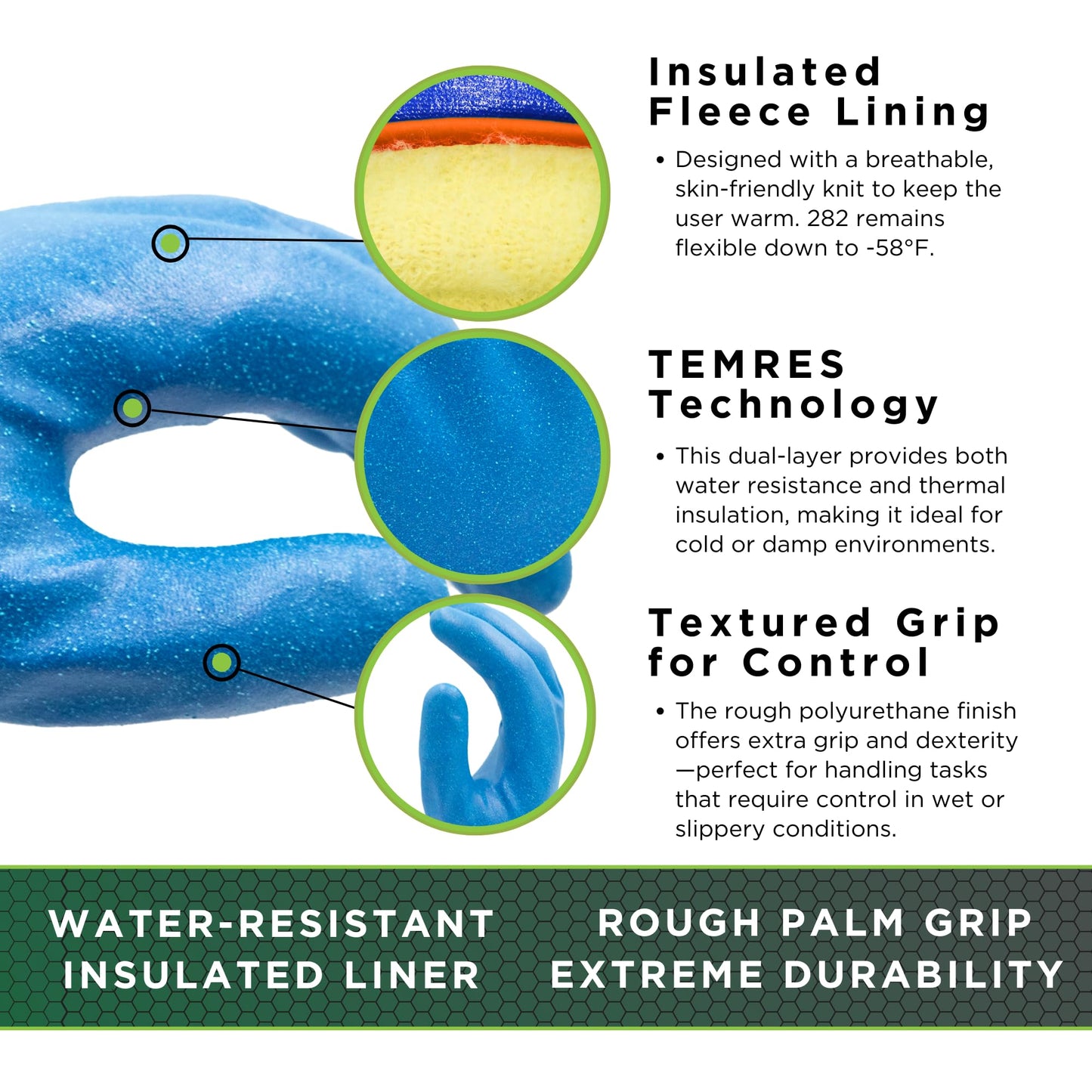 SHOWA TEMRES 282 Waterproof Insulated Winter Work Gloves, Breathable Polyurethane Coating, Thermal Fleece Liner, High-Grip for Hiking, Cold Storage, Ice Fishing, Outdoor Work, Blue, XX-Large, 12 pair