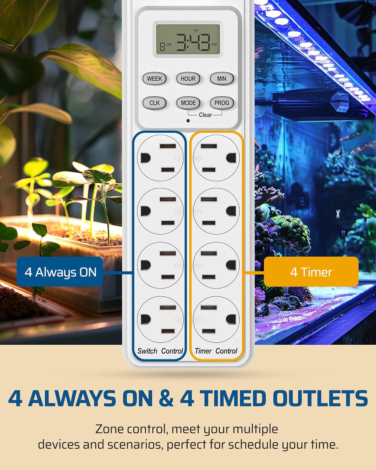 DEWENWILS 8 (4 Timed/4 6ft 15A, Outlet Power Strip with Timer Always On), Indoor Digital Outlet for Reptile Light