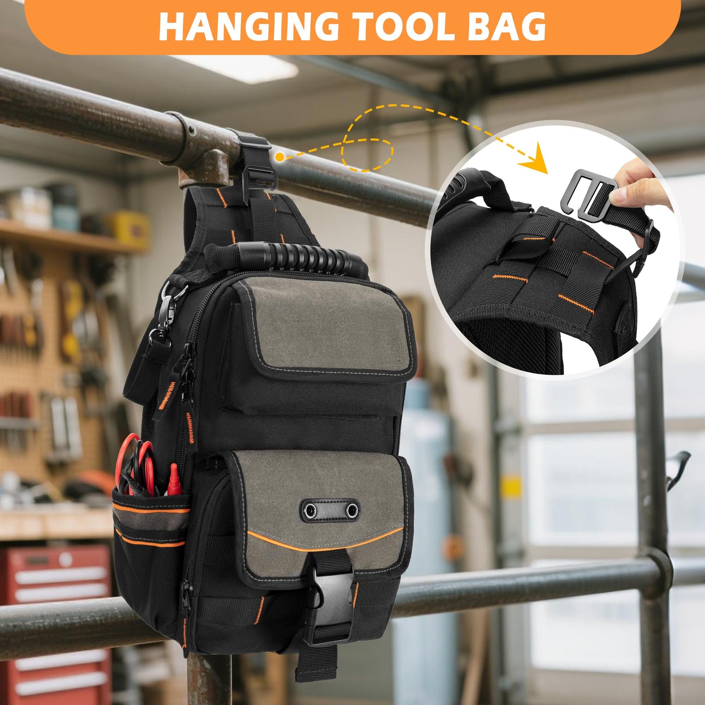 Trahzia Electrician Tool Pouch Bag, Zippered HVAC Tool Organizer with Ergonomic Handle and Shoulder Strap for Maintenance Repair Technicians, Black