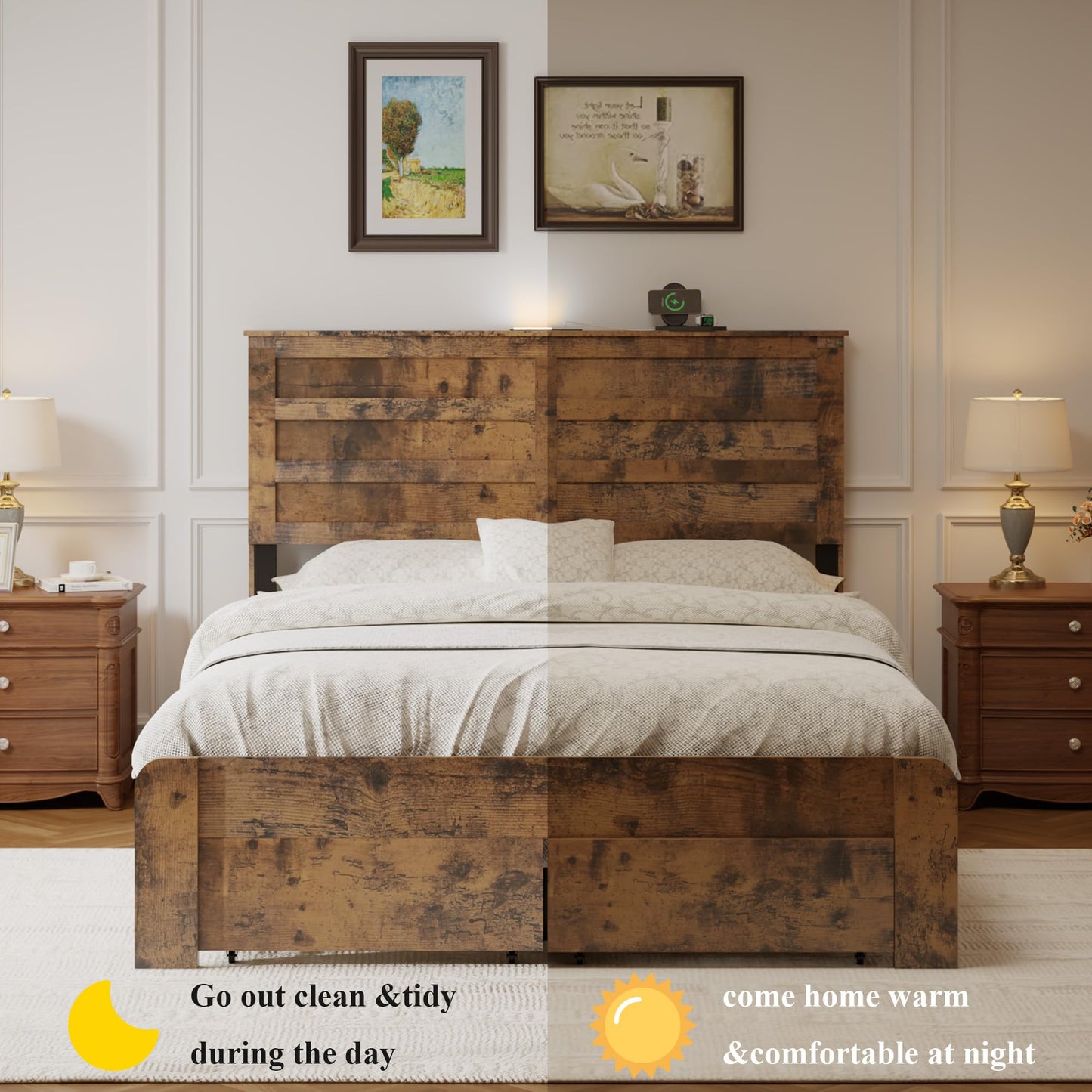 GDFStudio Full Size Industrial Bed Frame with Storage Headboard, Wood & Metal Platform Bed, USB Charging Station, Noise-Free Support, Easy Assembly Bedroom Furniture, No Box Spring Needed