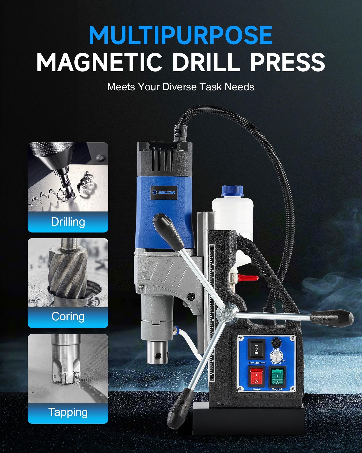ZELCAN Mag Drill Press, 1550W Portable Magnetic Drill Press with 2" Boring Diameter, 0-580 rpm Stepless Speed & Reversible Direction, 2922 lbf Mag Force Electric Drilling Machine for Metal Surface