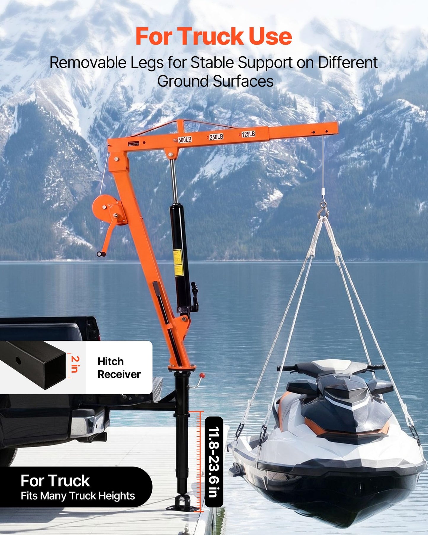 VEVOR Truck Crane, 500 lbs Pickup Hitch Crane Trailer Hitch Mounted with Manual Winch & Hydraulic Jack, 360° Rotating Telescopic Boom, Foldable Truck Bed Jib Hoist for Machine Lumber Equipment Lifting