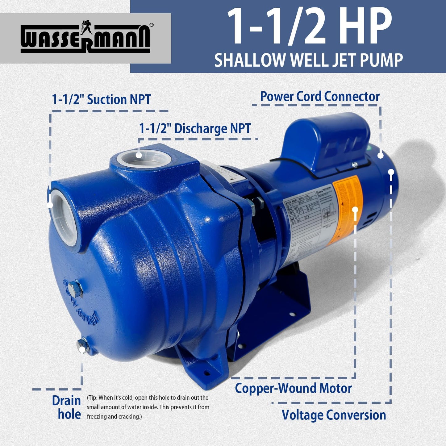WASSERMANN Centrifugal Pump 1.5 HP, 66GPM Shallow Well Jet Pump 115V/230V Self-Priming Centrifugal Pump Durable Cast Iron Booster Pump for Lawn Sprinkler, Garden Irrigation, Replacement for GT15, Blue