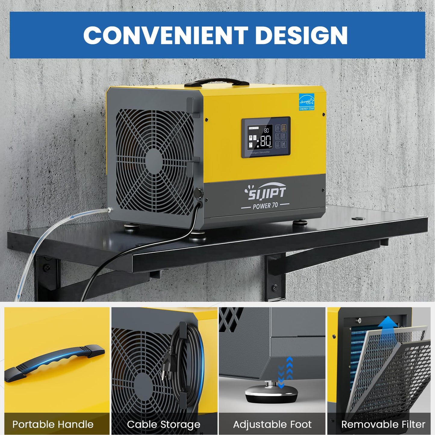 70 Pint Crawl Space Dehumidifier with Energy Star & Pump & Drain Hose for Basement, Commercial, Whole House, Industrial, Water Damage Restoration, Spaces Up to 2000 Sq Ft, Auto Defrost,Memory Restart