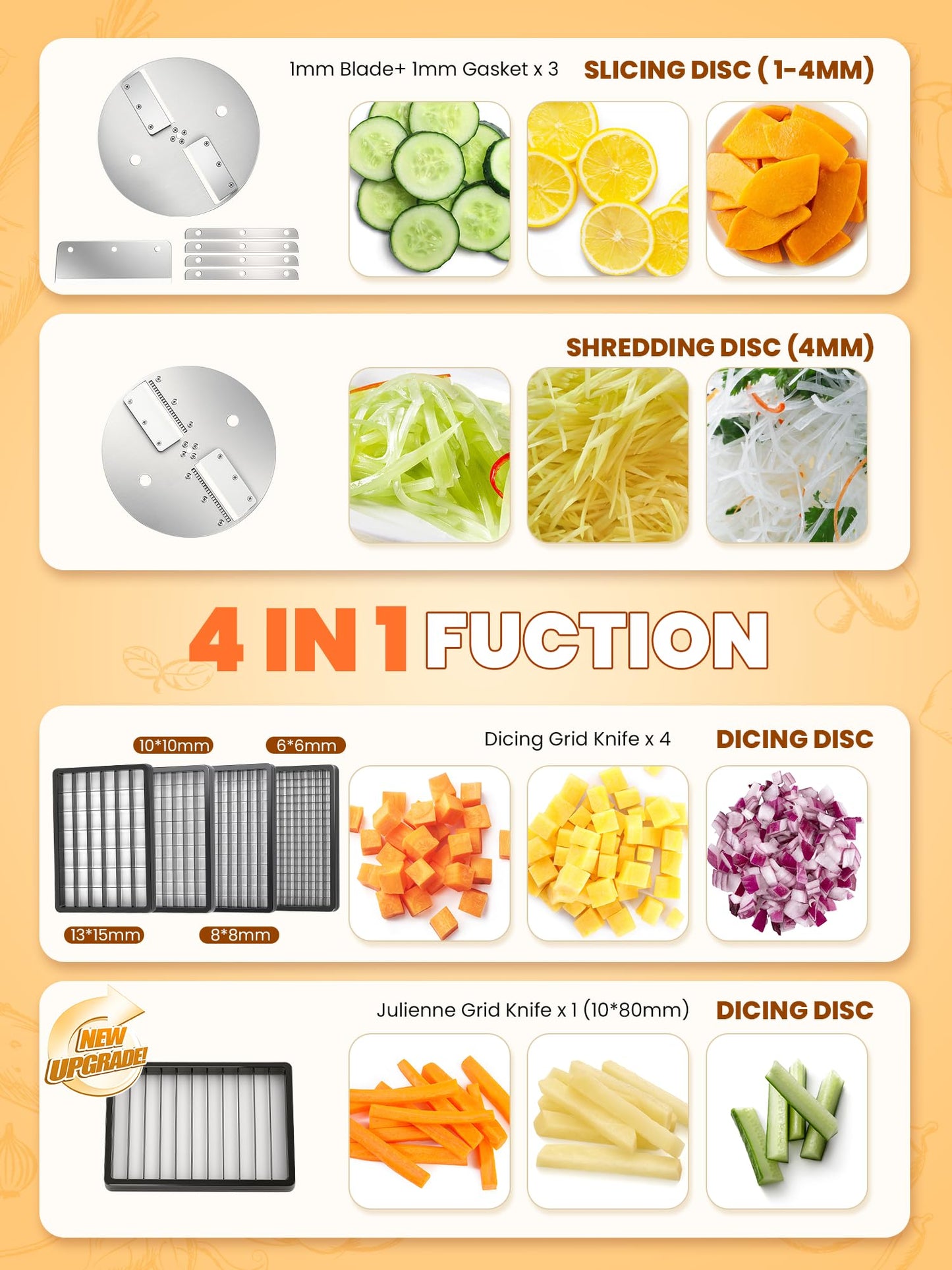 NEWTRY Commercial 4 in 1 Vegetable Processor, 250W Electric Vegetable Fruit Dicer with Slicer Shredder 6/8/10/13mm Dicing Grids, Automatic Slicer Shredder for Potatoes Carrots, Stainless Steel