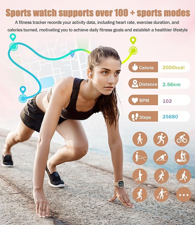 Women's 2pc Band Sports Watch/Smart Watch 1.72" Fitness Tracker with Heart Rate Monitor, 100+ Sports Modes, Sleep Tracking, 7-Day Battery, IP68 Waterproof (Gold)