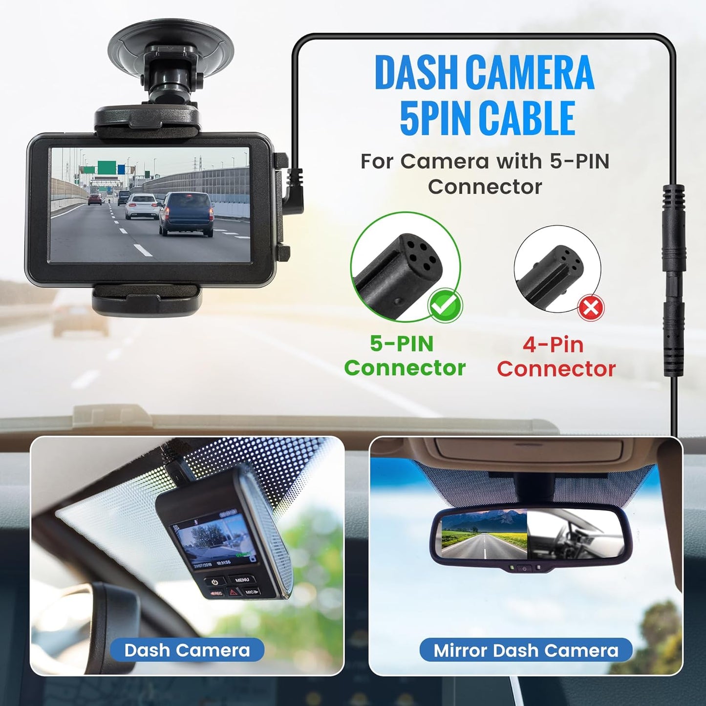 EWAY 5 10ft, 5Pin 10 Feet/3M Pin Dash Cam Extension Cable for Car SUV Truck Trailer RV Mirror Dashcam Rear View Backup