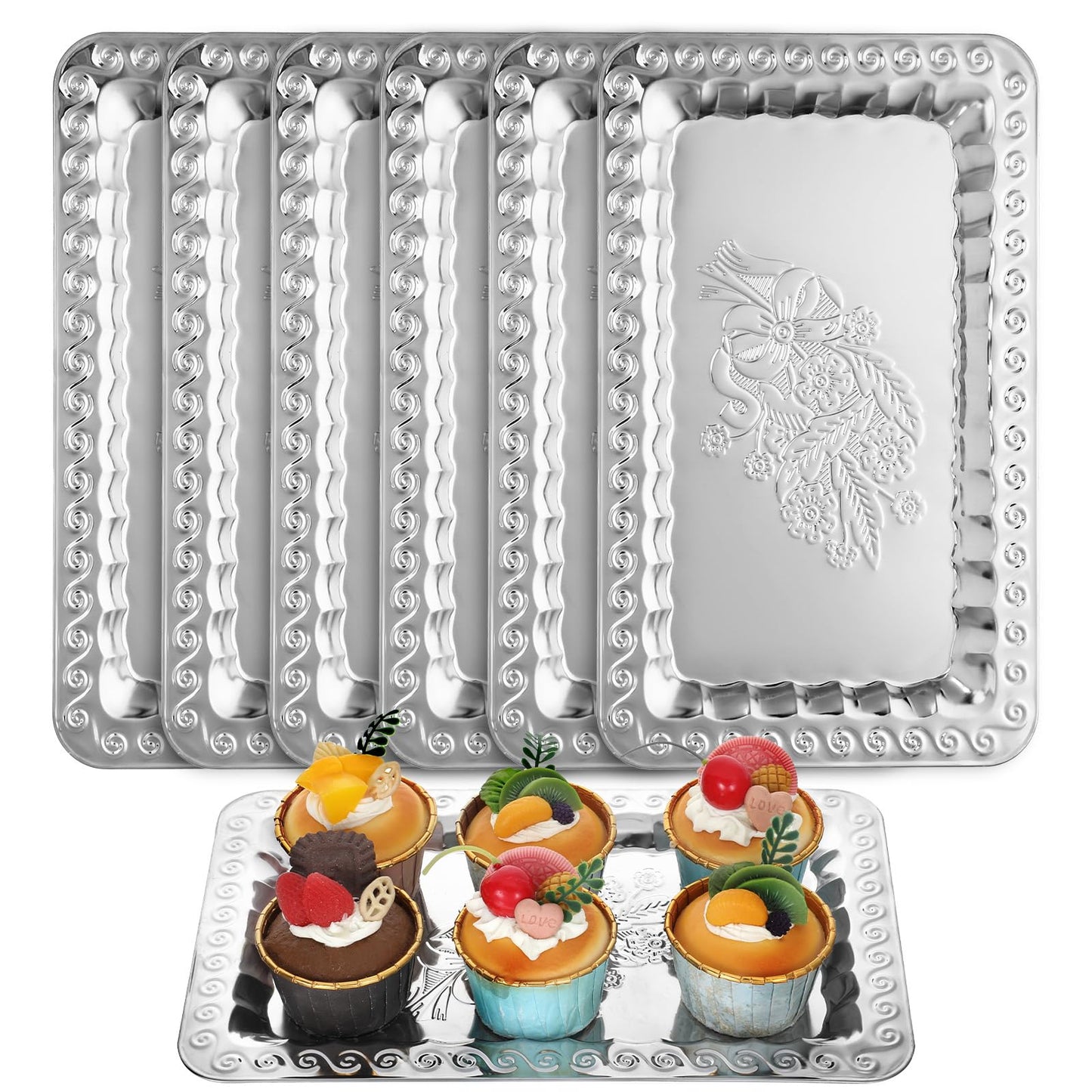 6 Pcs Silver Serving Trays, 13.8" x 8.7" Stainless Steel Rectangle Serving Tray, Decorative Silver Plates, Swirl Floral Engraved Tray, Metal Sizzler Plates for Coffee Table, Bar, Party, Club, Home