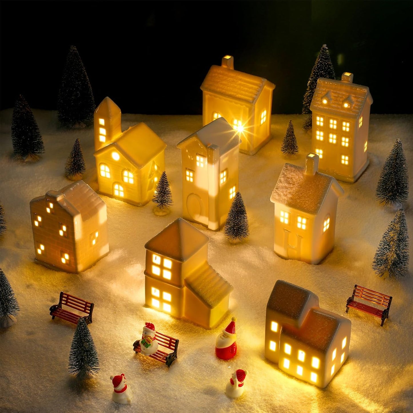 Soaoo Ceramic Christmas Village Set - 29 Pcs with LED Houses, Trees, Snowmen & Fake Snow | White Porcelain Decor