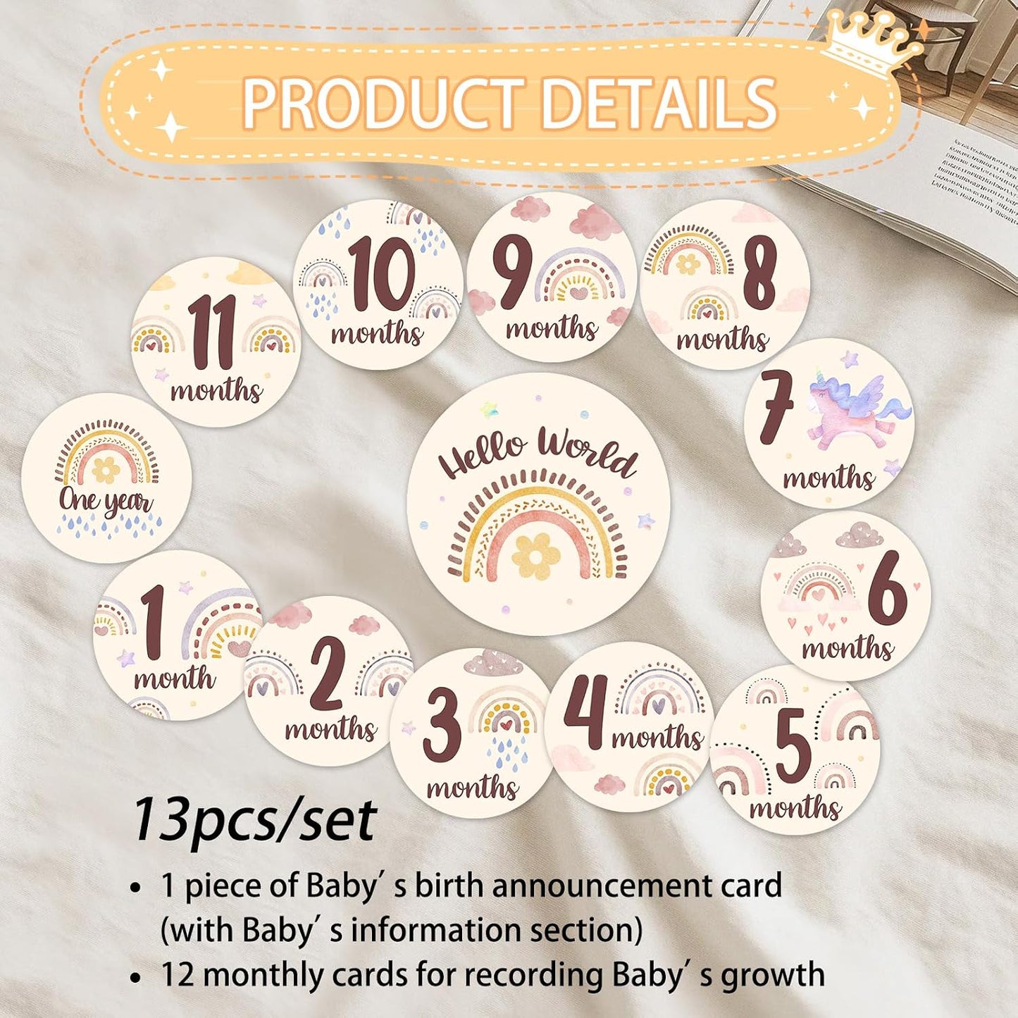 Set(13pcs) Baby Monthly Milestone Cards Sign - Double Sided Wooden Milestone Cards with Rainbow Design, Wooden Circles