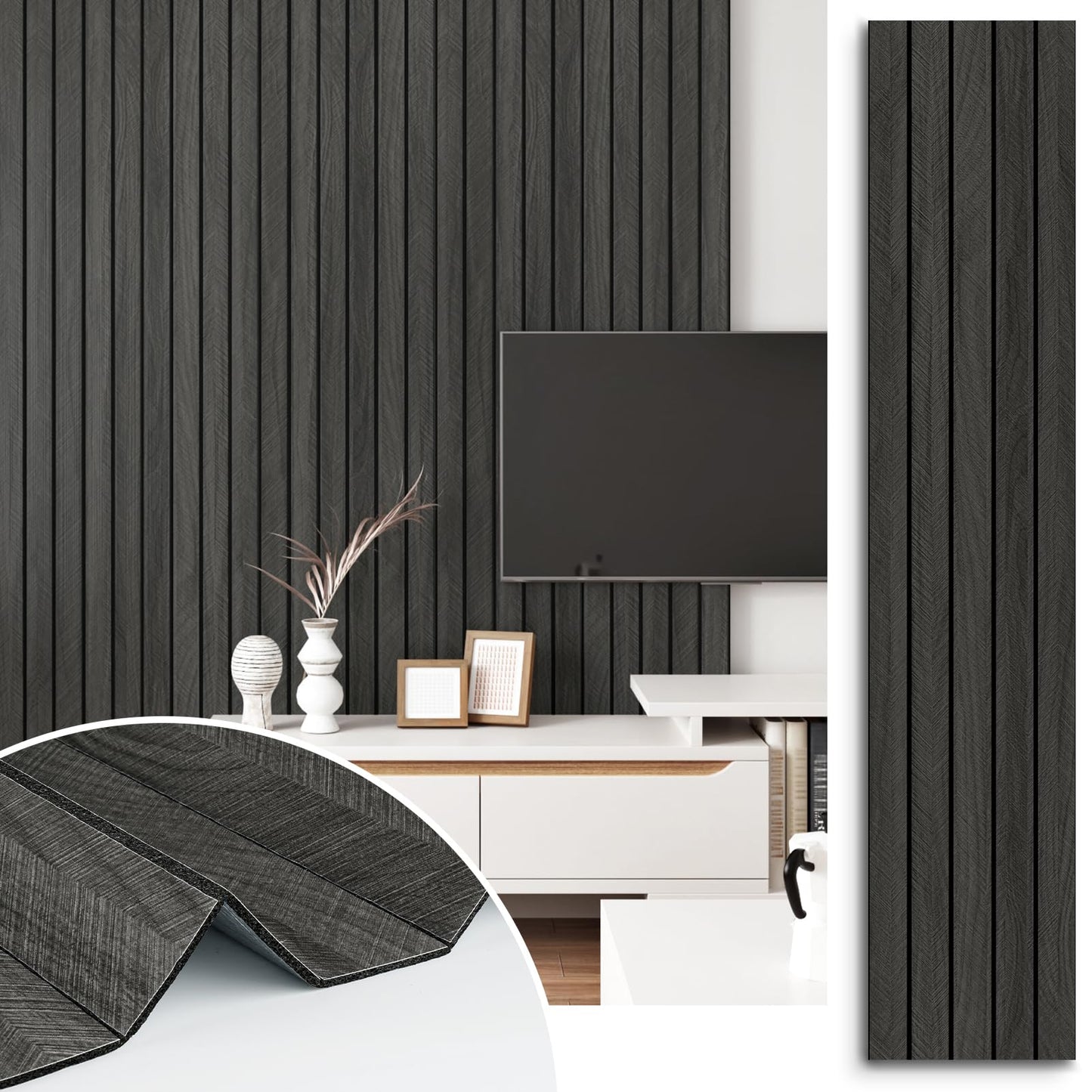 STICKEEP Self Adhesive Wood Slat Wall Paneling Grey/Black 3D Wood Panels for Wall Decor Soundproof Peel and Stick Wooden Grain Panel Wallpaper for Living Room Bedroom Dinner Office 11.8" x 118"
