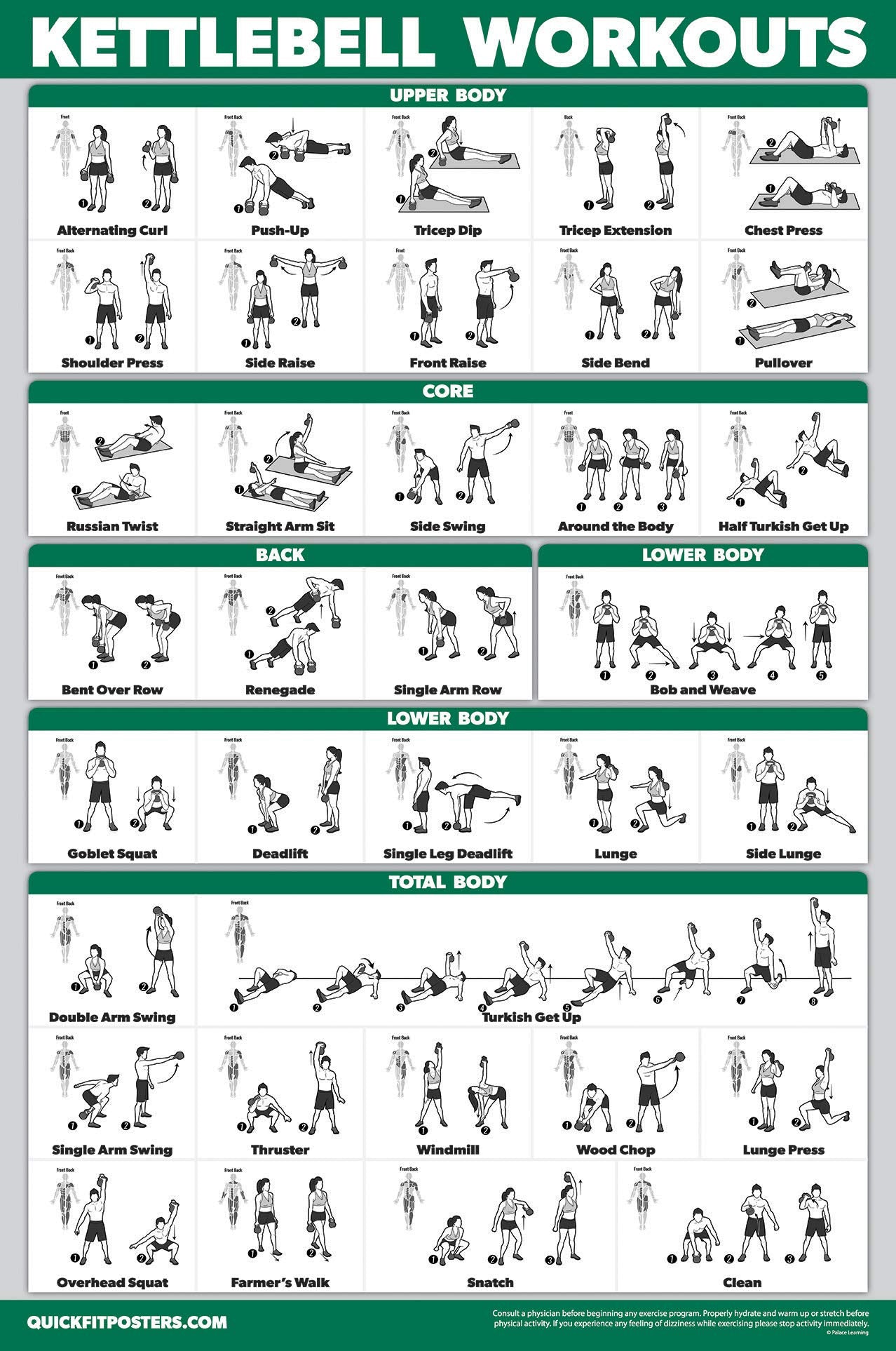 18 Pack - Exercise Poster Set, Dumbbell, Suspension, Kettlebell, Resistance Bands, Stretching, Bodyweight, Barbell, Battle Rope, Yoga, Exercise Ball, Muscular and More (LAMINATED, 18" x 24")