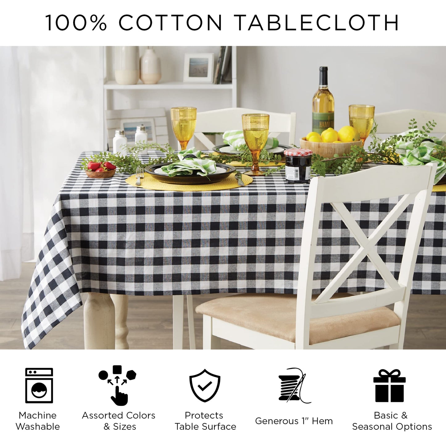 DII Damask Cotton Tablecloth, 70" Round, Black