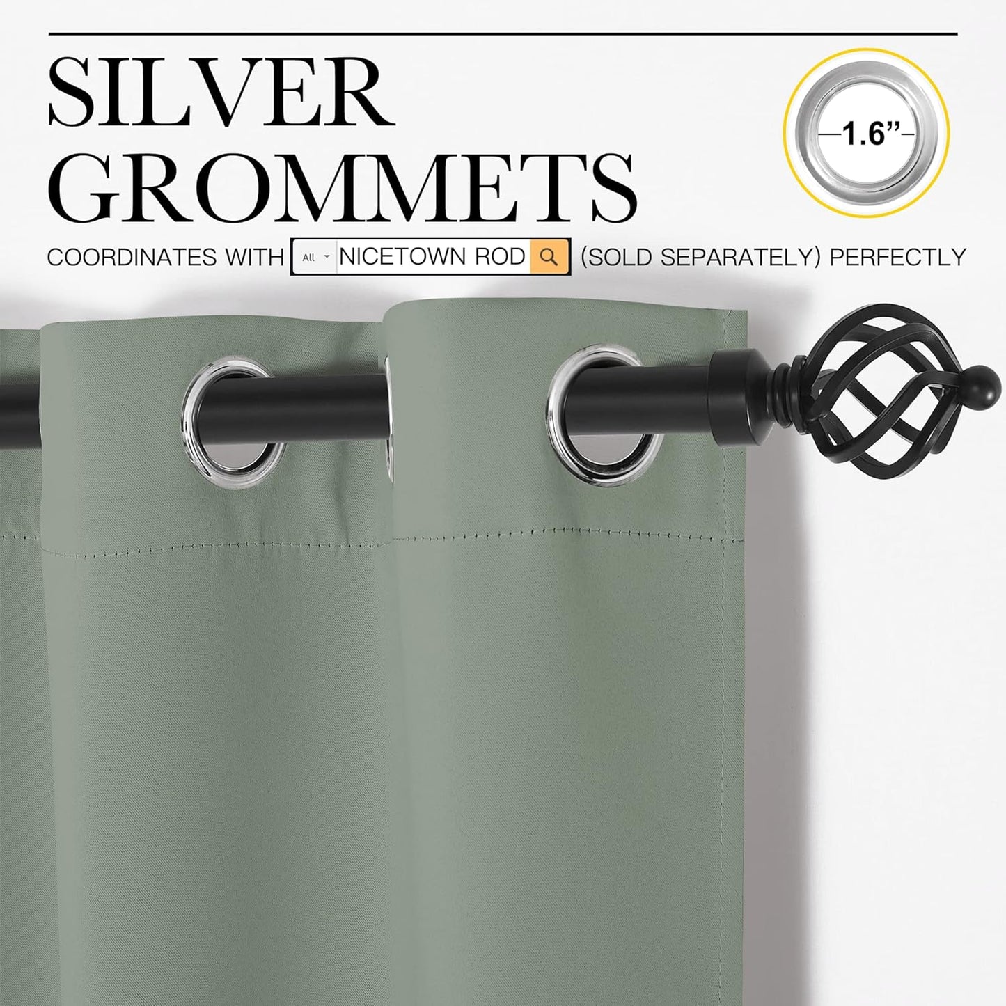 NICETOWN Room Darkening Curtains - Thermal Insulated Greyish Green Drapes for Kitchen & Bedroom (Set of 2, 42" x 50")