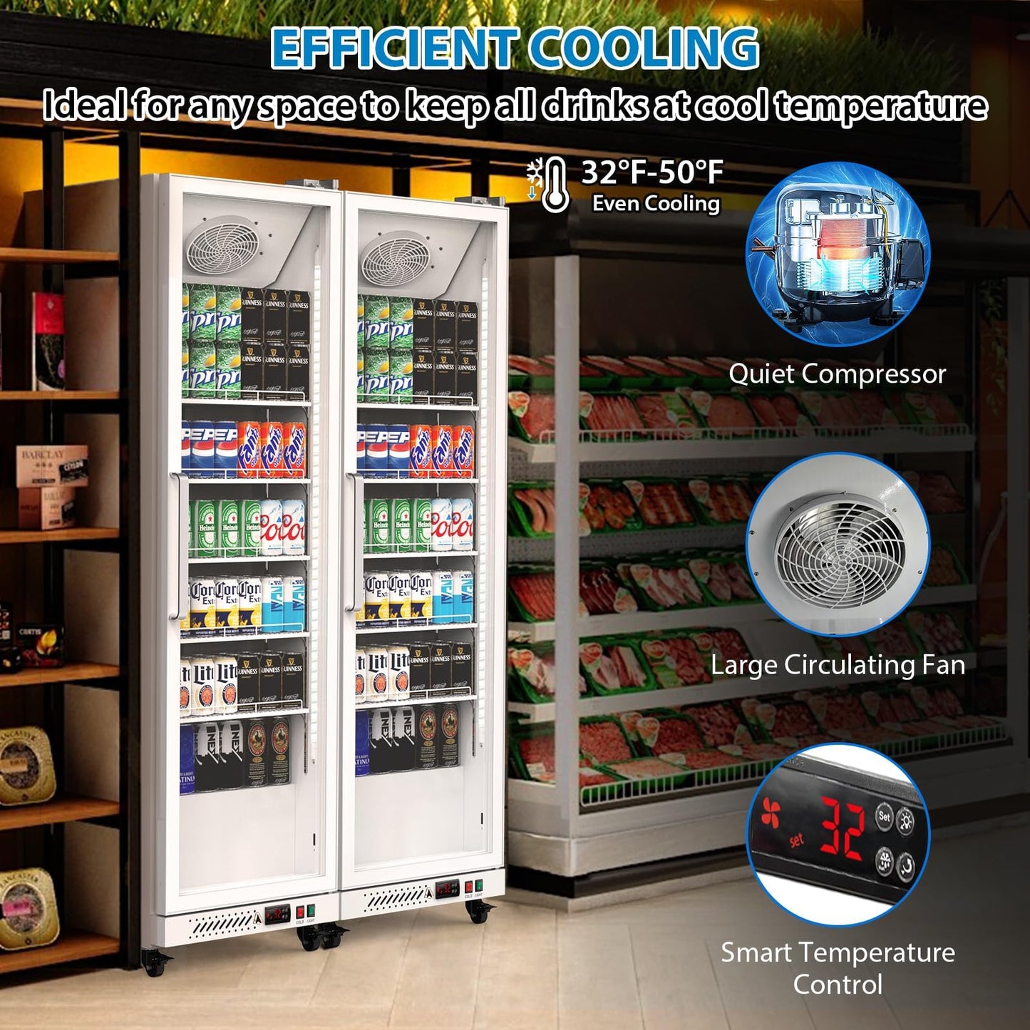 IDEALHOUSE Commercial Refrigerators, 12.4 Cu.Ft Beverage Cooler, Commercial Fridge with Glass Door Display, LED Light Adjustable Shelves Drink Cooler for Restaurant Grocery Store Home, White