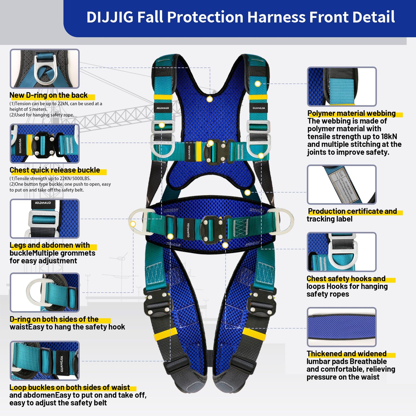 DIJJIG Full Body Protection Safety Harness 5pt Adjustment Safe Comfortable Construction Positioning Extra LongThick Leg Back Padded Push Button Quick Lock Buckle OSHA/ANSI compliant