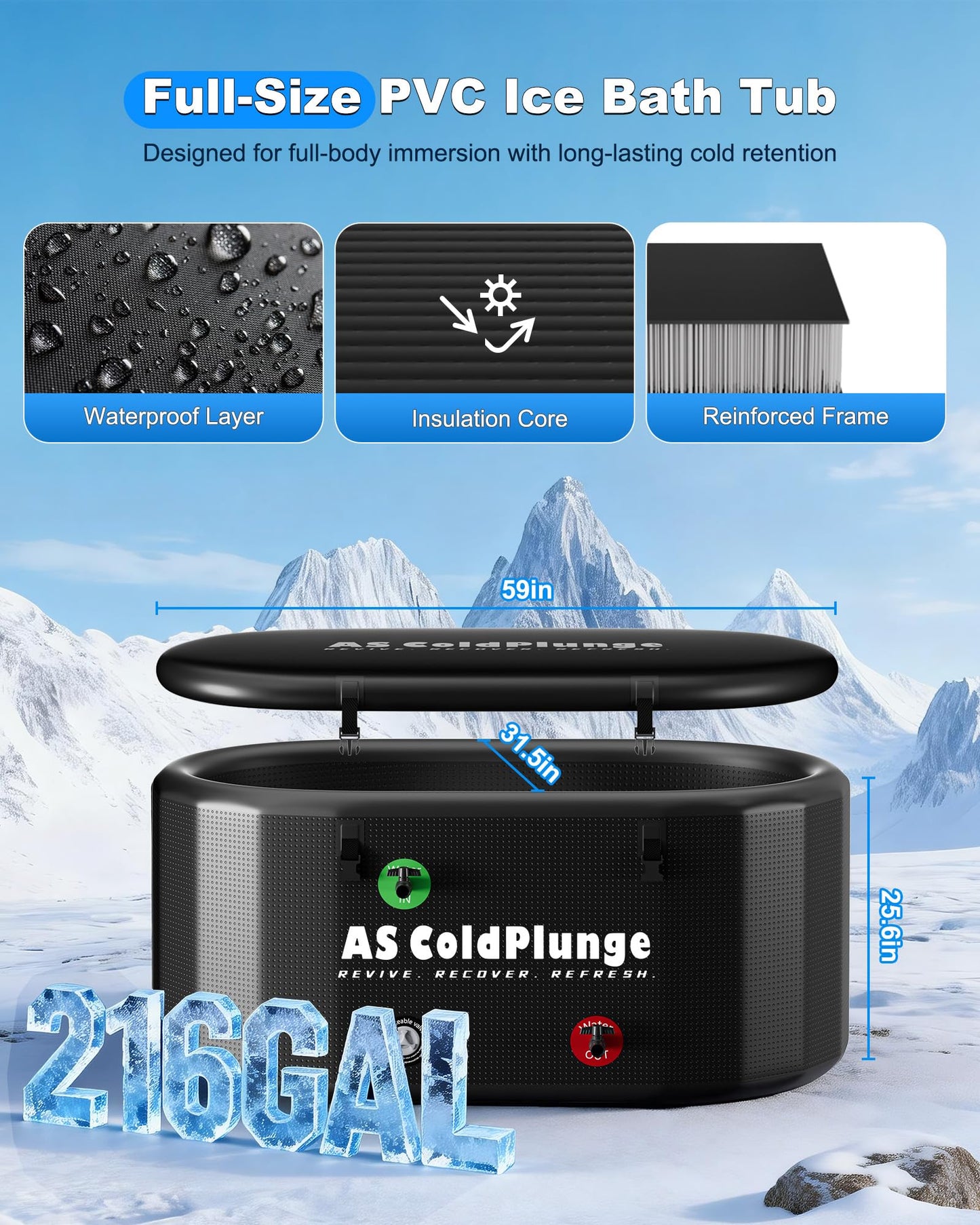 AS ColdPlunge 1HP Ice Bath Chiller & Cold Plunge Tub Bundle, 216 Gal Insulated Ice Bath Tub, External Pump & Filtration, Cold Plunge Tub with Water Chiller for Cold Therapy Recovery Indoor & Outdoor