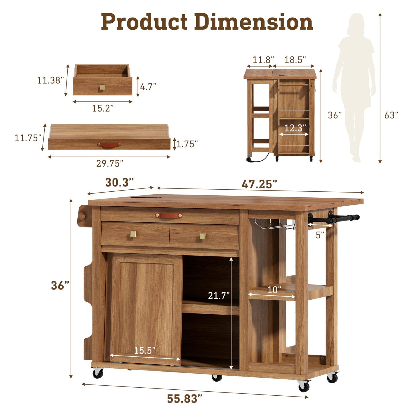 Kitchen Island with Storage & Charging Station, Rolling Kitchen Island Table on Wheels with Drop Leaf & 2 Drawers, Mobile Island Cart with Pull-Out Shelf, Spice Rack, for Dining Room (Natural)