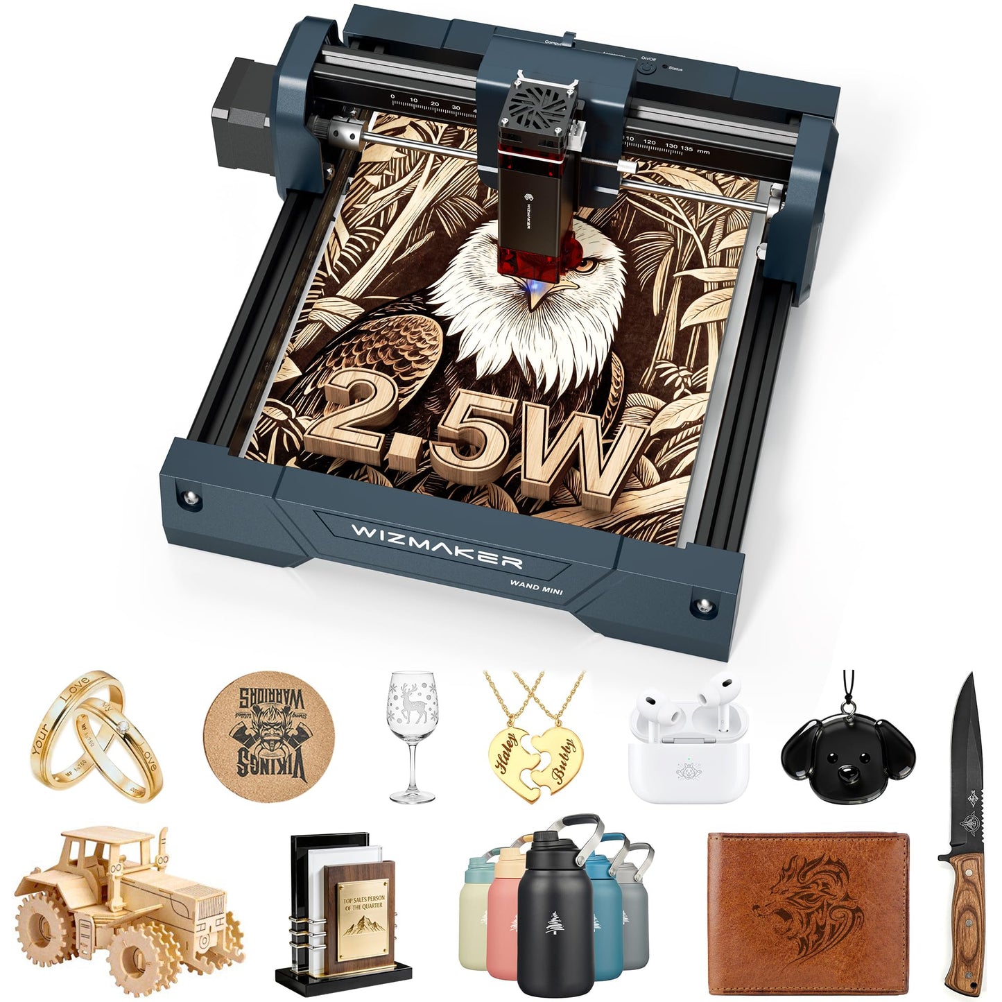 WIZMAKER Wand MINI 2.5W Laser Engraver, Compact Engraving Machine for Wood Acrylic Glass, 135×145 mm Working Area, High‑Precision 0.04 mm Spot, Beginner DIY Laser Cutter 2500mW
