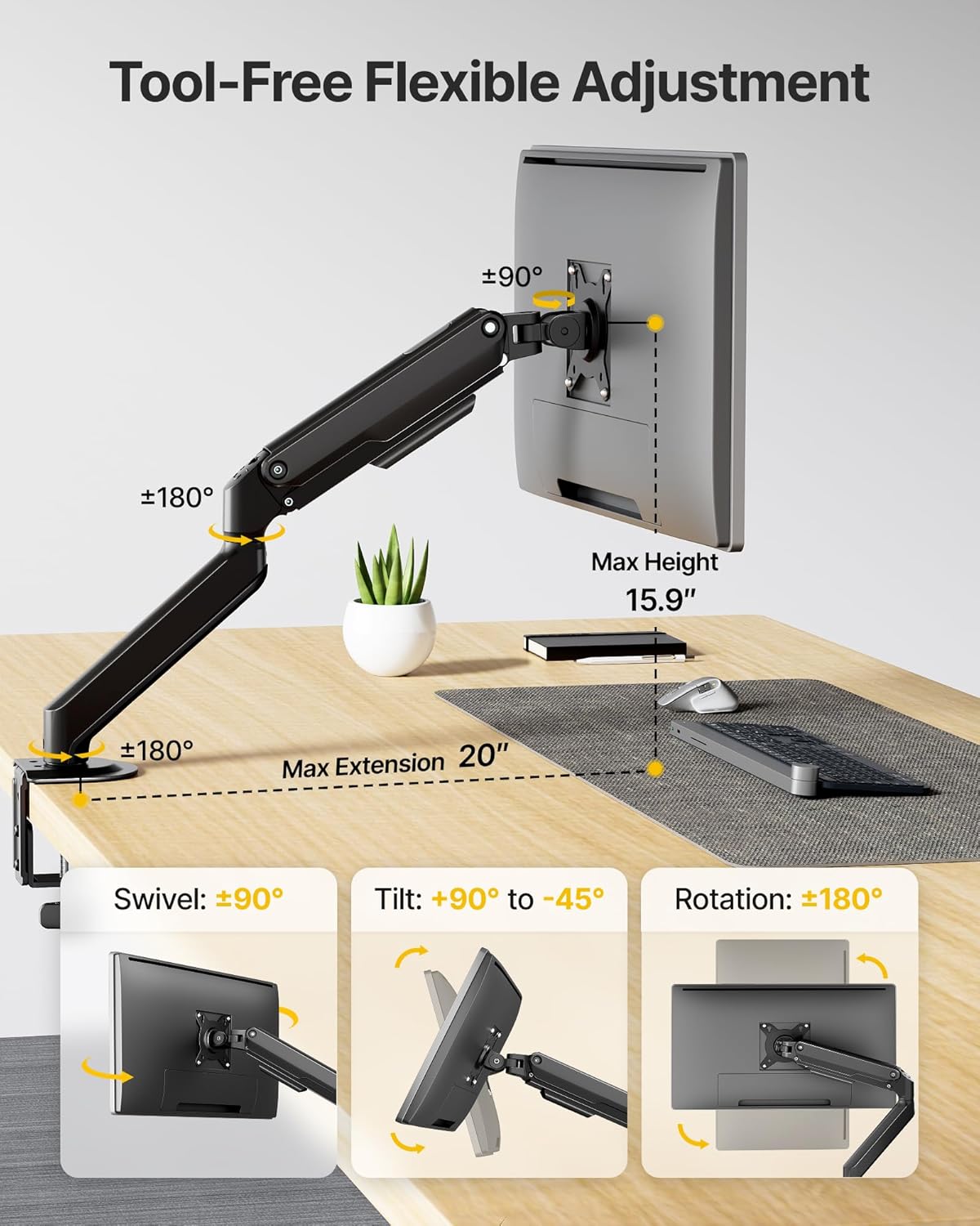 monTEK 17-32 Inch Grommet, 75/100, 20lbs Single Monitor Arm Mount for Screens, Heavy Duty Steel Mechanical Spring Desk