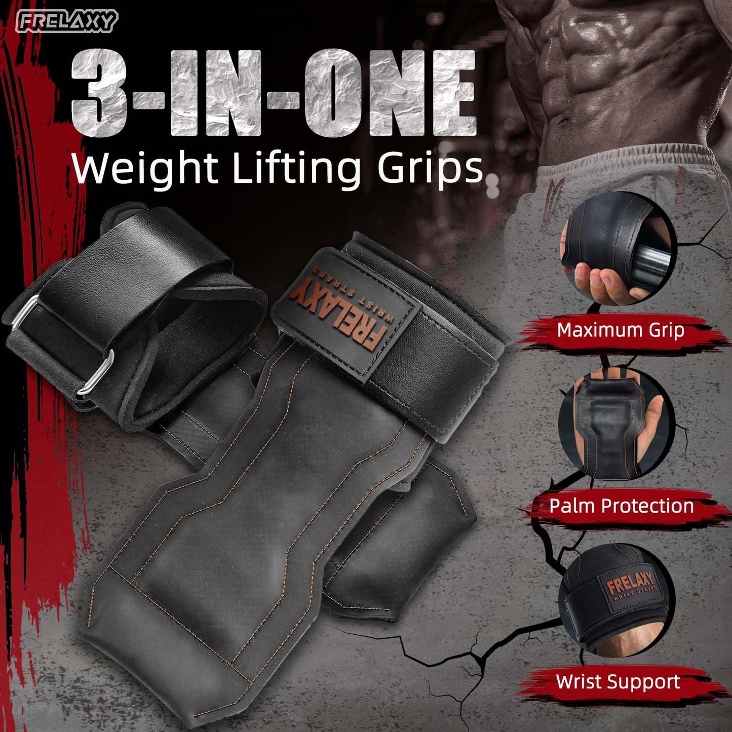 Frelaxy Lifting Wrist Straps, Rubber Weight Lifting Grips with Non-Slip Palm & Wrist Wraps Support for Deadlifts, Pull Ups, Rows, Heavy Powerlifting, Lat Pulldowns (Brown)