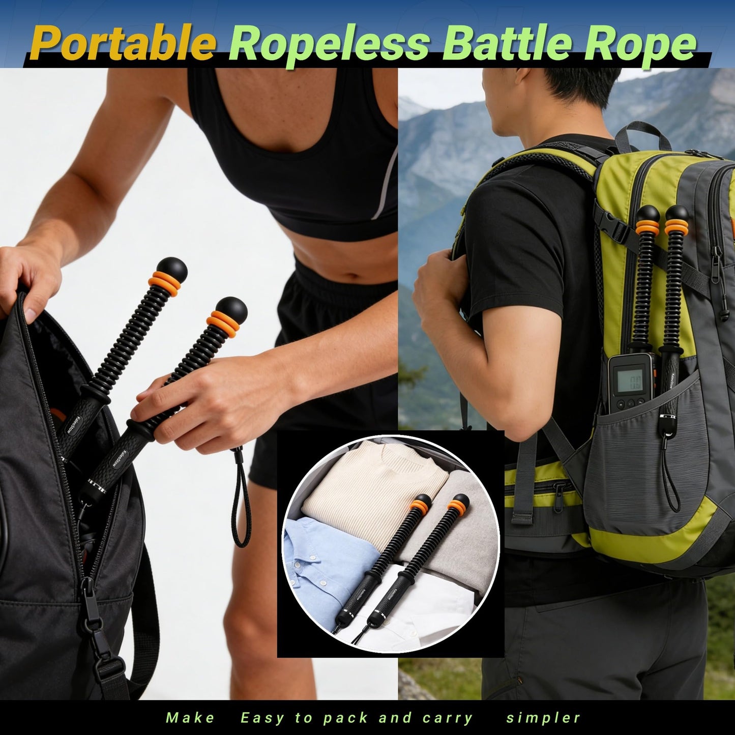 Adjustable Weighted Ropeless Battle Ropes, Portable Arm Exerciser Rope for Home Gym - HIIT, Power sports & High-Intensity Interval Training, Portable Workout Equipment for Men & Women(Black)